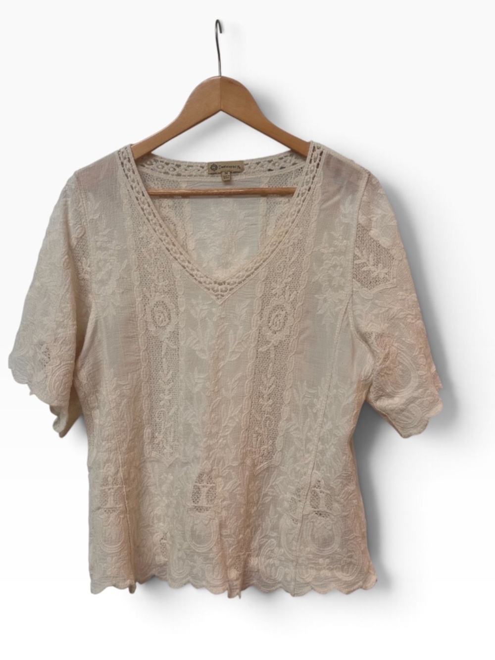 Democracy Cream Embroidered Lace V-Neck Short Sleeve Blouse Top Size M